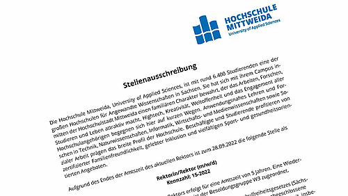 Ein solches Jobangebot gibt es regelmäßig nur alle fünf Jahre. Die Abbildung zeigt einen Ausschnitt der Stellenausschreibung mit dem Hochschullogo oben rechts. Die Worte "Stellenausschreibung" und "Rektor/Rektorin (m/w/d), Kennzahl 15-2022" sind fettgedruckt hervorgehoben. Dazwichen ist eine kurze Selbstdarstellung der Hochschule zu lesen.