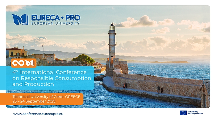 Die EURECA-PRO-Konferenz auf Kreta ist nach vier Ausgaben bereits international etabliert. Ein Werbeplakat für die EURECA-PRO-Konfernz, auf dem neben Titel und Datum ebenfalls ein Leuchttum und das Meer zu sehen sind.