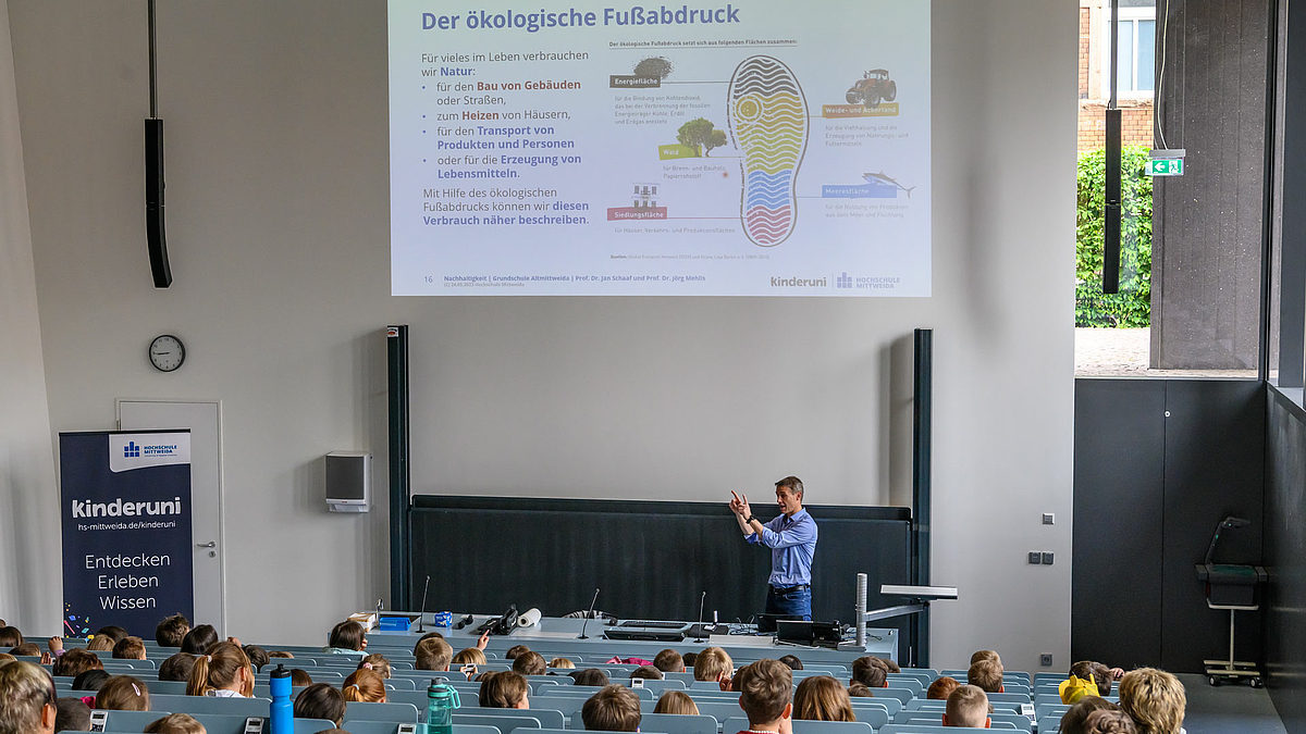 Blick über die Köpfe der Kinder hinweg auf den Dozenten vor der Tafel. Er gestikuliert mit erhobenen Händen.  An die Rückwand über ihm ist eine Folie projiziert, die den ökologischen Fußabdruck mit Text und Grafik erklärt.