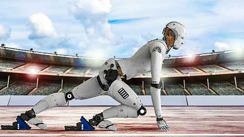 Die Grafik zeigt einen humanoiden Roboter in Startaufstellung zu einem Sprint auf einer Startbahn im Stadion.