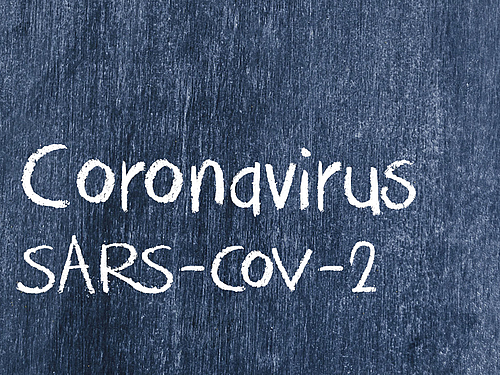 Die Wörter "Coronavirus" und "SARS-CoV-2" sind mit Kreide auf eine blaue Tafel geschrieben.